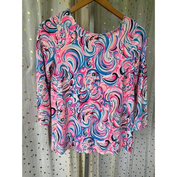 Lilly Pulitzer NWOT Ophelia FLAMINGOALS Raz Berry Swirly Quarter Sleeves Top S - Picture 4 of 9